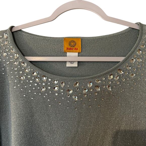 Ruby Rd. Sweater Top NWT Aqua Sparkling Metallic Rhinestones SZ XL Holidays Boho - Picture 3 of 8